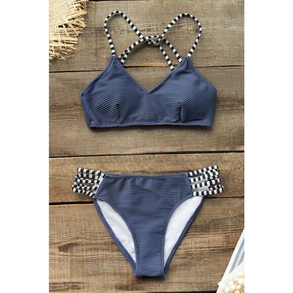 Cupshe Ribbed and Strappy Bikini Swim Suit Set Women’s Size XXL Navy Blue NWT - Picture 1 of 7
